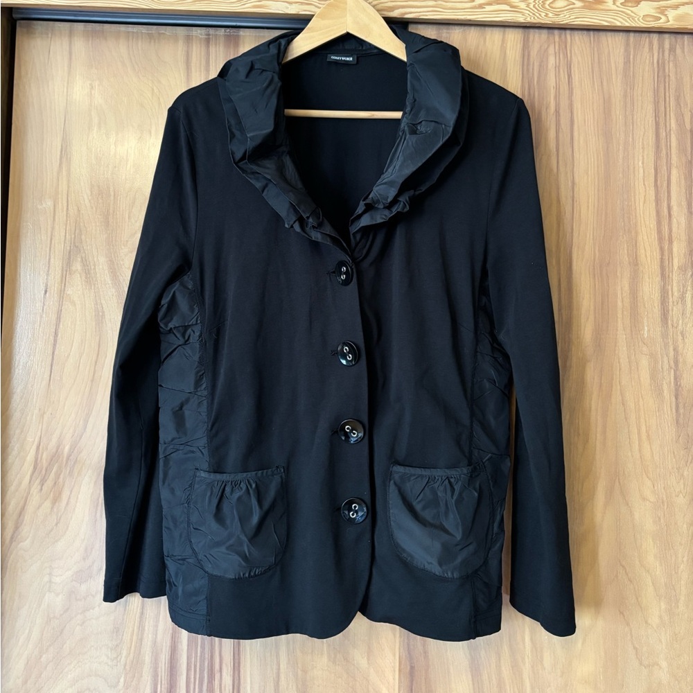 Black designer Jacket, Classic upscale luxe Cardigan, frilly collar, button,